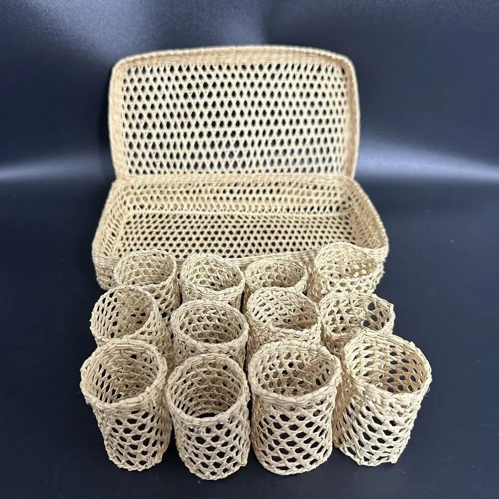 VTG Bamboo Rattan Napkin Rings Set of 12 Woven Box Boho Farmhouse Table Decor